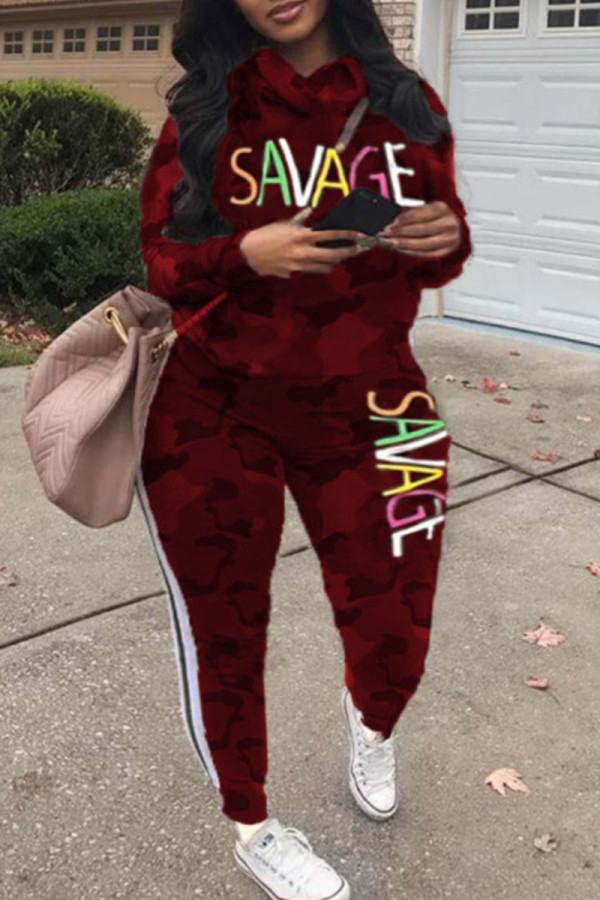 Burgundy Fashion Casual Letter Camouflage Print Basic Hooded Collar Plus Size Two Pieces