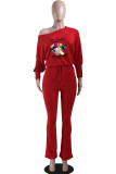 Red Casual Print Patchwork O Neck Jumpsuits