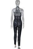 Black Sexy Solid Sequins Split Joint See-through Backless Halter Plus Size Jumpsuits