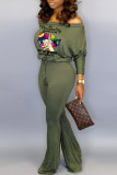 Green Casual Print Split Joint O Neck Jumpsuits