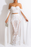 White Fashion Sexy Patchwork Sequins Backless Off the Shoulder Long Sleeve Two Pieces