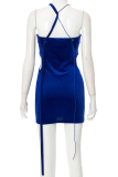 Deep Blue Sexy Solid Patchwork Halter Pencil Skirt Dresses