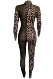 Leopard print Sexy Patchwork Split Joint V Neck Skinny Jumpsuits