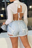 White Sexy Solid Hollowed Out Patchwork Turndown Collar Tops