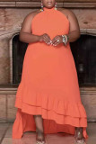 Orange Sexy Casual Plus Size Solid Asymmetrical O Neck Sleeveless Dress