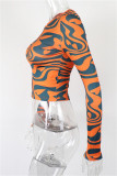 Orange Fashion Casual Print Basic O Neck Tops