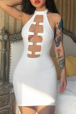 White Sexy Solid Hollowed Out Patchwork Backless Halter Pencil Skirt Dresses
