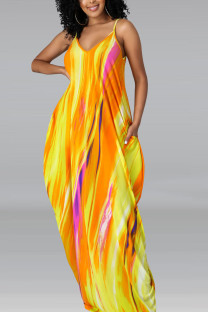 Yellow Casual Print Split Joint Spaghetti Strap Sling Dress Plus Size Dresses