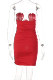 Red Sexy Solid Patchwork Fold Strapless One Step Skirt Dresses