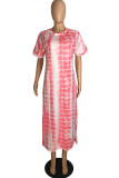 Pink Fashion Casual Print Slit O Neck Short Sleeve Dress Dresses