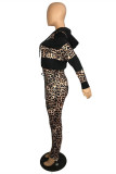 Red Fashion Casual Print Leopard Patchwork Hooded Collar Long Sleeve Two Pieces