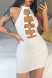 White Sexy Solid Hollowed Out Patchwork Backless Halter Pencil Skirt Dresses