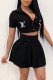 Black Fashion Street Letter Patchwork Turndown Collar Short Sleeve Two Pieces