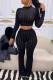 Black Fashion Casual Print Basic Turtleneck Long Sleeve Two Pieces
