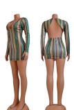 Colour Sexy Print Sequins Split Joint Backless V Neck One Step Skirt Dresses