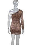 Khaki Sexy Solid Sequins Patchwork Oblique Collar One Step Skirt Dresses