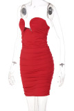 Red Sexy Solid Patchwork Fold Strapless One Step Skirt Dresses