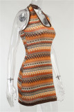Brown Sexy Casual Print Backless Halter Sleeveless Dress