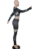 Black Casual Print Patchwork O Neck Long Sleeve Two Pieces