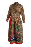Yellow Fashion Casual Print Basic V Neck Long Sleeve Dresses