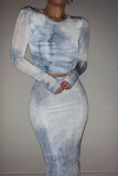 Blue Sexy Casual Print Tie Dye Patchwork O Neck Long Sleeve Two Pieces