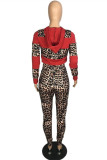 Red Fashion Casual Print Leopard Patchwork Hooded Collar Long Sleeve Two Pieces