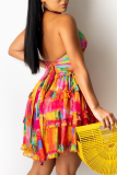 Orange Red Sexy Print Hollowed Out Halter Cake Skirt Dresses