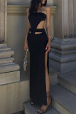 Black Sexy Solid Hollowed Out Patchwork Slit Strapless Pencil Skirt Dresses