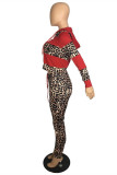 Red Fashion Casual Print Leopard Patchwork Hooded Collar Long Sleeve Two Pieces