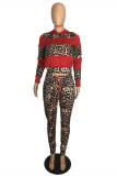 Red Fashion Casual Print Leopard Patchwork Hooded Collar Long Sleeve Two Pieces