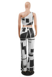 Grey Sexy Casual Print Vests Pants One Shoulder Sleeveless Two Pieces