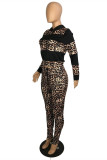 Red Fashion Casual Print Leopard Patchwork Hooded Collar Long Sleeve Two Pieces