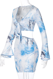 Blue Sexy Patchwork Tie-dye V Neck Long Sleeve Two Pieces