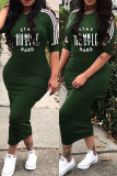 Army Green Fashion Casual Letter Print Split Joint O Neck Dresses