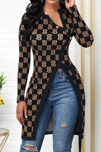 Black Fashion Casual Print Slit Tops