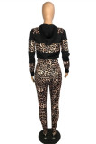 Red Fashion Casual Print Leopard Patchwork Hooded Collar Long Sleeve Two Pieces