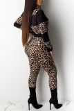 Red Fashion Casual Print Leopard Patchwork Hooded Collar Long Sleeve Two Pieces