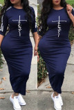 Purple Fashion Casual Print Split Joint O Neck One Step Skirt Dresses