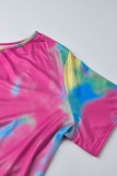 Pink Fashion Casual Print Tie Dye Asymmetrical O Neck Plus Size Two Pieces