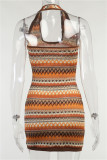 Brown Sexy Casual Print Backless Halter Sleeveless Dress