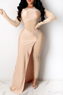 Apricot Fashion Sexy Patchwork Hot Drilling See-through Asymmetrical O Neck Skinny Jumpsuits