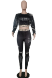 Black Casual Print Patchwork O Neck Long Sleeve Two Pieces