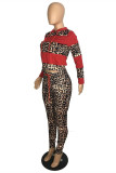 Red Fashion Casual Print Leopard Patchwork Hooded Collar Long Sleeve Two Pieces