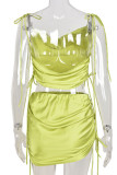 Green Sexy Solid Split Joint Draw String Fold Spaghetti Strap Sleeveless Two Pieces