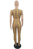 Yellow Fashion Casual Plaid Print Fold O Neck Short Sleeve Two Pieces