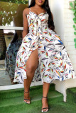 White Fashion Sexy Print Backless Slit Spaghetti Strap Sleeveless Dress