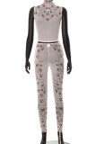 Apricot Sexy Print Patchwork See-through O Neck Sleeveless Two Pieces