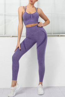 Dark Purple Casual Sportswear Print Split Joint Spaghetti Strap Sleeveless Two Pieces