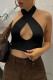 Black Sexy Casual Solid Hollowed Out Backless Halter Tops