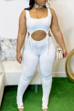 White Sexy Casual Solid Hollowed Out Strap Design U Neck Skinny Jumpsuits
